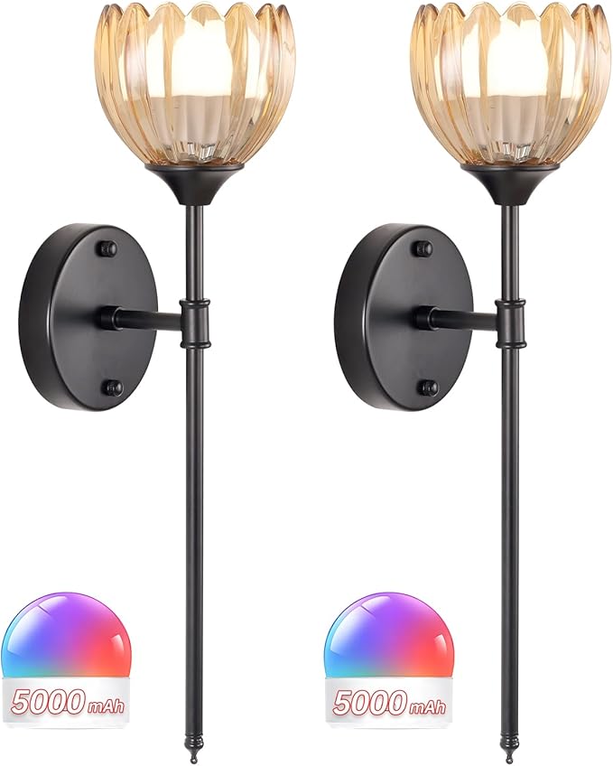 Battery Operated Wall Sconce Set of 2, Amber Tulip Vintage Wall Light Fixture Rechargeable 5000mAh Battery Powered Wall Lamp with Remote for Living Room Bathroom, Black