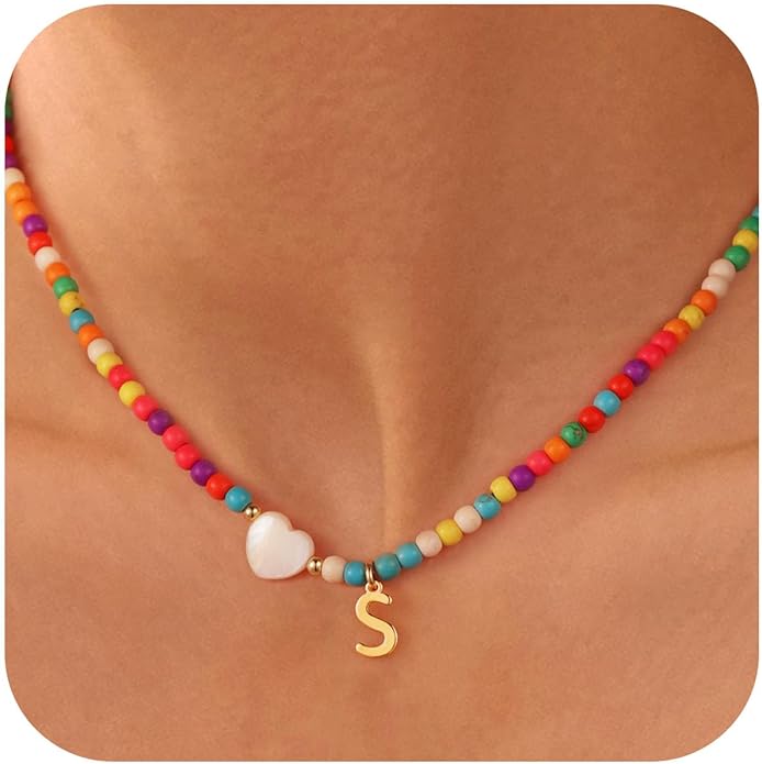 Ursteel Christmas Gifts for Teen Girls Women - Trendy Beaded Choker Necklace for Women Teenage Girls, Personalized Letter Initial Necklaces Christmas Gifts for Grandkids