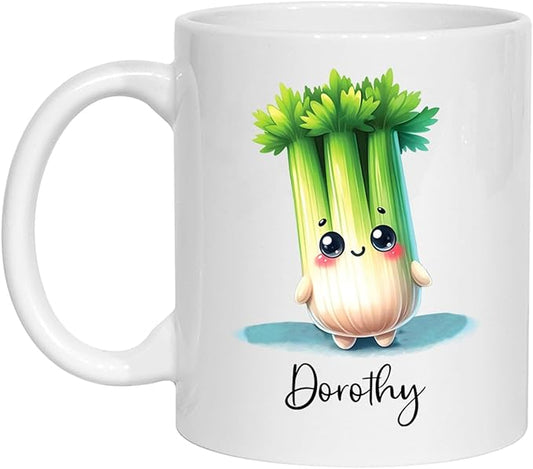 Customized Celery Coffee Mugs, Personalized Celery Porcelain Cup With Celery Lover Name, Custom Celery Vegetable White Ceramic Mug 11oz 15oz, Cartoon Celery Teacup Gifts For Kids Friends Birthday