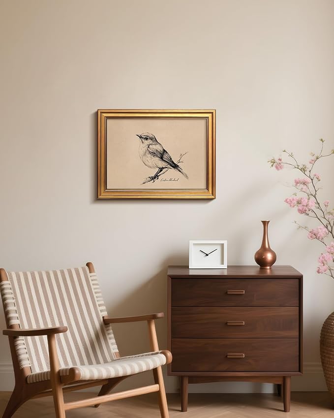 Bzstyleart Vintage Wall Art Decor for Living Room,New York State Bird Canvas Prints,Modern Gold Framed Wall Art Home Decor,Sketch Painting Picture for Bedroom Kitchen Bathroom,12L x 16W