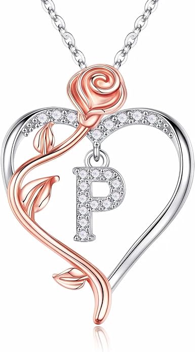 Iefil Stocking Stuffers for Women Wife - 925 Sterling Silver Rose Heart Initial Necklace, Christmas Anniversary Birthday Gifts for Women, Jewelry Gift for Her Wife Girlfriend Mom Daughter
