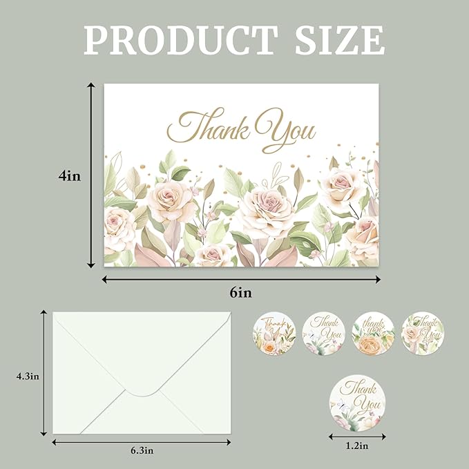 48Pcs Thank You Cards with Envelopes and Stickers for Weddings, Bridal Shower, Baby Shower, Small Business