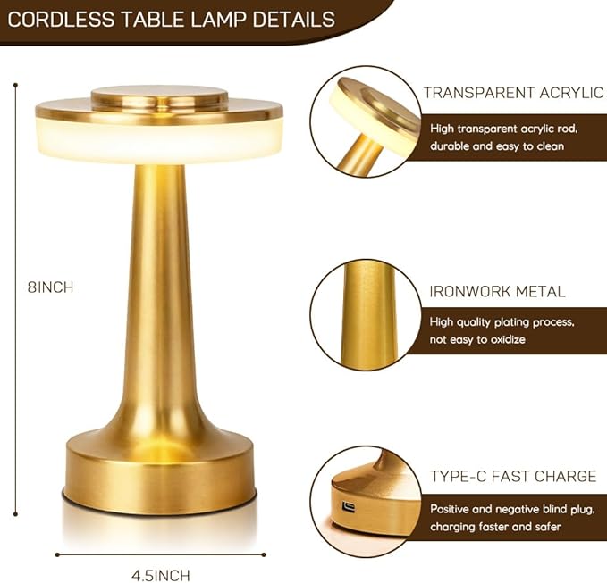 Cordless Metal Desk Lamp, Touch Sensor Control LED Table Lamp,3 Color Stepless Dimmable Battery Powered Lamp for Living Room, Dorm, Home Office (Gold)