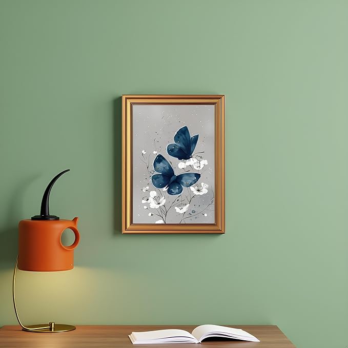 okudolit Gold Framed Navy Blue Butterfly Canvas Wall Art Print White Flower Botanical Painting Neutral Insect Gray Modern Moth Artwork Wall Decor for Living Room Bedroom Bathroom 12x16in