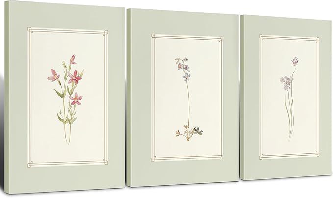 3pcs Framed Simple Vintage Floral Botanical Flower Wall Art Decor Canvas Print Natural Plant Artwork Wall Painting Poster Gallery Bedroom Living Room Office Decor 12x16 Inch Ready to Hang