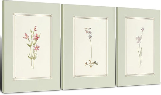 3pcs Framed Simple Vintage Floral Botanical Flower Wall Art Decor Canvas Print Natural Plant Artwork Wall Painting Poster Gallery Bedroom Living Room Office Decor 12x16 Inch Ready to Hang