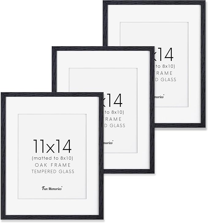 Fun Memories Black Picture Frames 11x14 Set of 3, Light Wood 11 x 14 Frames for Wall, Solid Oak Wood Frame 11 by 14 with Tempered Glass, 11x14 Frame with Mat for 8x10, Black 11x14 Poster Frames