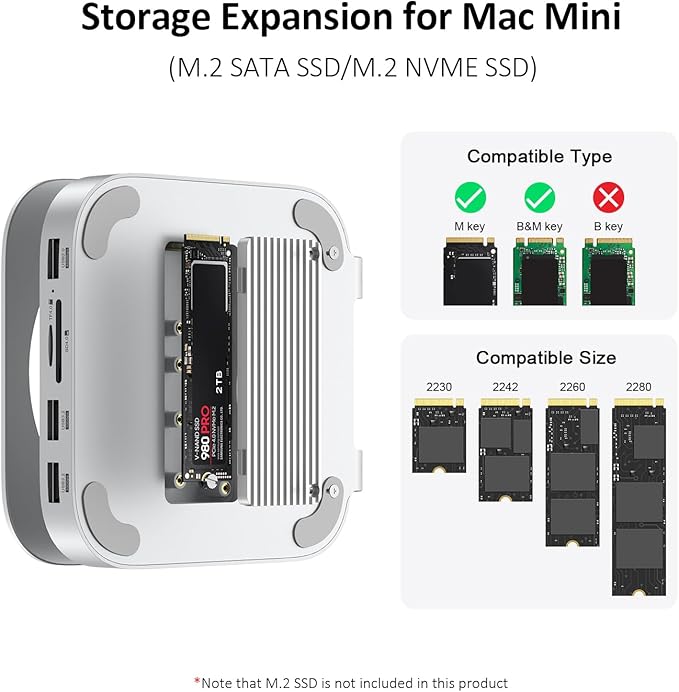 Akyyajaure Mac mini Hub: 10 in 1 Aluminum Stand & Dock for Mac mini M4 Pro with M.2 NVMe SSD Enclosure, 4K60hz HDMI, 10Gbps USB-A*2, SD/TF Card Readers, USB 2.0