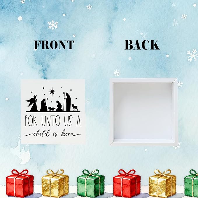 Christmas Christian Wooden Desk Decor Sign, For Unto Us A Child Is Born, Nativity Scene Wooden Box Sign, Religious Christmas Tabletop Plaque for Living Room Bedroom Decor 5x5 Inches