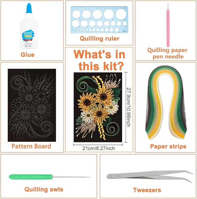 WEBEEDY Paper Quilling Kit DIY Sunflower Paper Filigree Kit with Quilling Strips Tool and Supplies Paper Quilling Set for Beginners Handmade Crafts Modern Room Wall Art Decor Gift,21×27.9cm/8.3×11"