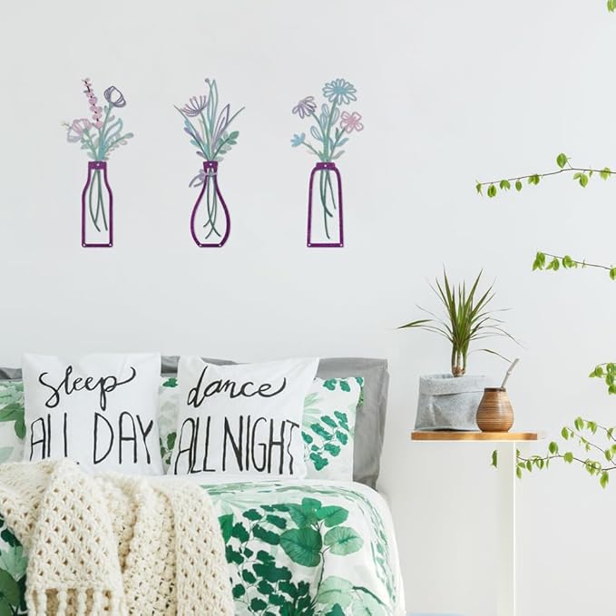 Bochino 3 PCS Metal Flowers Wall Arts, Rustic Farmhouse Decor Minimalist Flower Wall Decors for Living Room Bathroom Bedroom Dining Room Kitchen, Perfect Housewarming Gifts (I-Purple)