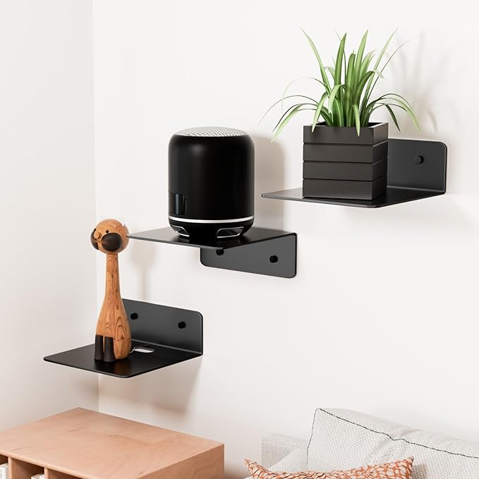 Small Wall Shelves Set of 3, 5 Inch Metal Display Ledges for Small Models, Funkos, Collectibles, Little Statues, Adhesive Floating Shelves for Bathroom, Living Room, Bedroom (Black)