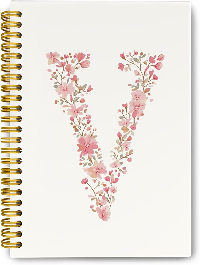 Pink Cute Spiral Notebook Journal, Preppy Floral Initial Letter V Personalized Journaling Notebooks, Monogrammed Gifts for Women Girls, Botanical Hardcover Spiral Lined Notebook 5.5 x 8.3