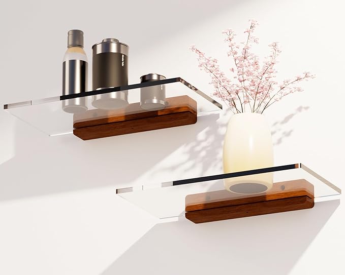 Acrylic Floating Shelves with Solid Wood Base, Wall Mounted Shelf for Plants, Perfume, Nail Polish, Bathroom, Bedroom & Living Room Décor