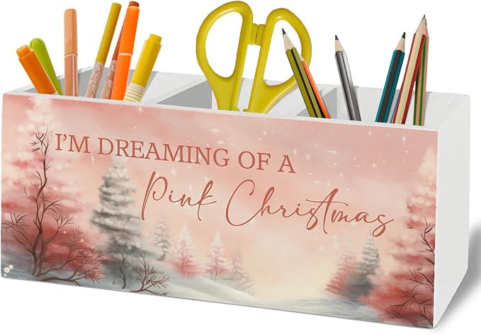 Pink Winter Christmas Pen Pencil Holder Organizer for Desk Accessories, Rustic Xmas Winter Pine Tree Landscape Wooden Box Sign Desk Decor for Home Office Decoration, Pink Christmas Decor