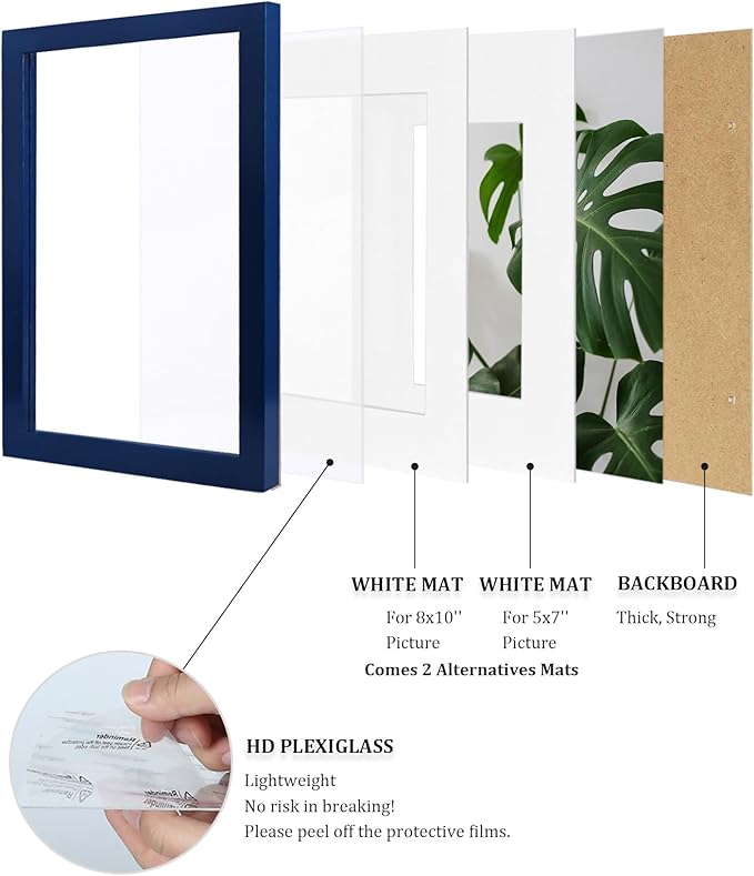 Egofine 11x14 Picture Frames 4PCS Covered by Plexiglass, Made of Solid Wood, Display Pictures 8x10/5x7 with Mat or 11x14 Without Mat for Table Top and Wall Mounting, Navy Blue