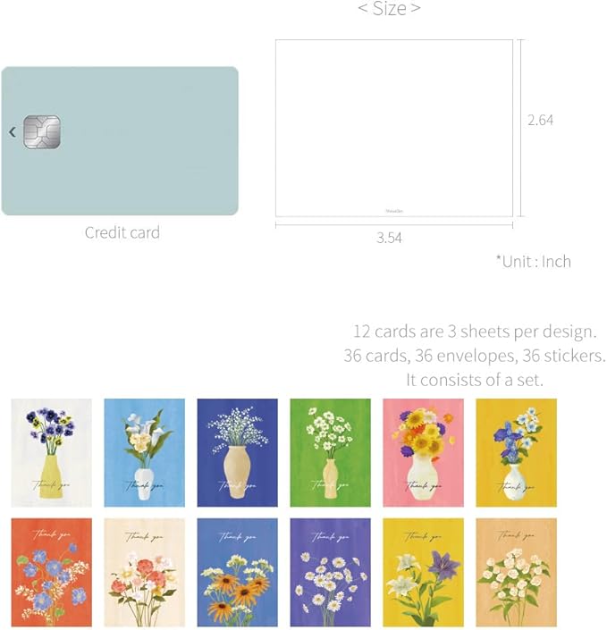 Monolike Day-by-day Card, Thank you - Olivia's Flowers Series.2 - Mix 36 Mini Single cards, 36 envelopes, 36 stickers Package