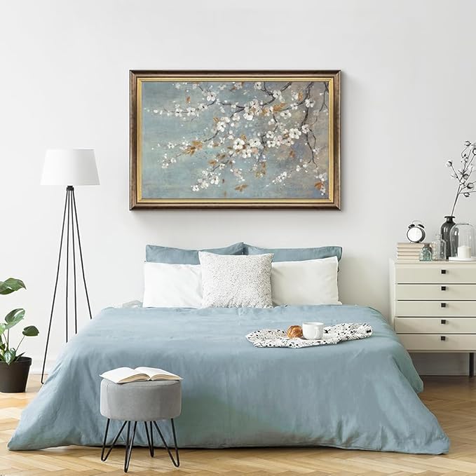 Rustic Floral Wall Art Framed: Large Rustic Flower Canvas Painting Gold Foil White Plum Tree Blossom Picture Vintage Hand-Painted Artwork for Living Room Bedroom Home Office