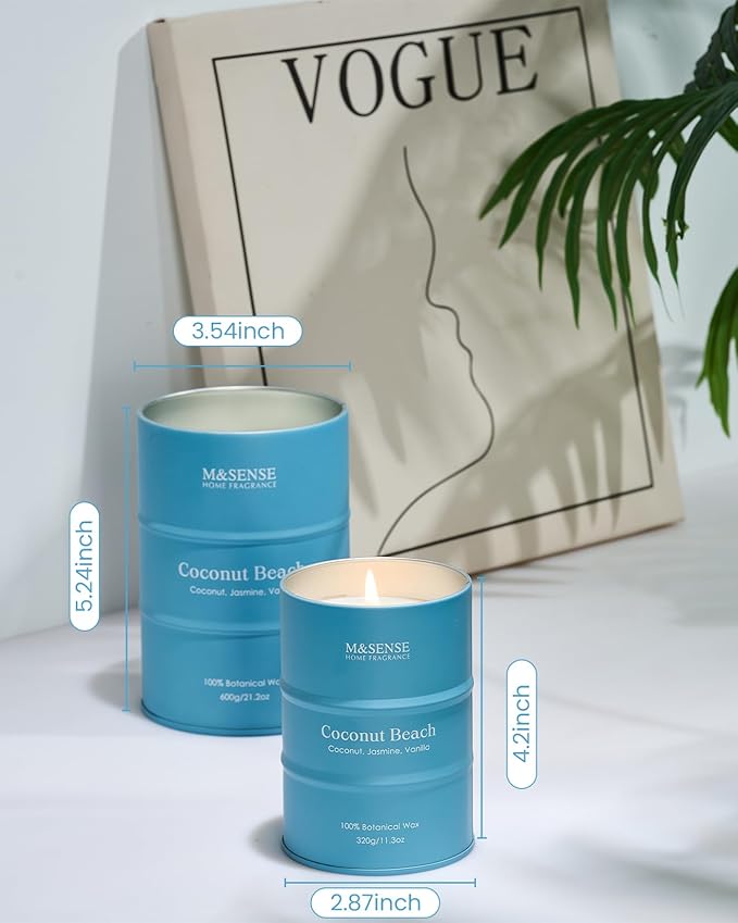 M&SENSE Coconut Beach Scented Candles Beach Soy Candle, Summer Candle for Stress Relief Meditation Relaxing, Housewarming Gifts for Women Men, 11.3oz 70 Hour Long Burning