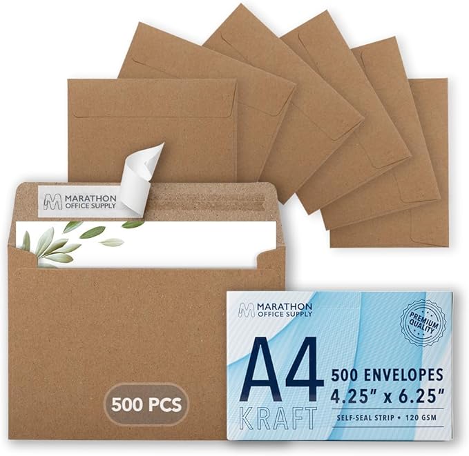 MOS A4 Kraft Envelopes 4.25 x 6.25 Inch 500 Pack — Brown Self-Seal Heavyweight Invitation Envelopes for Greeting Cards, Card Making, RSVP, Wedding Invitations, Business Mailings
