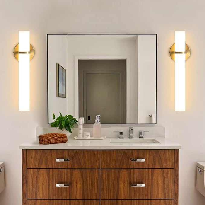 16W LED Dimming Wall Sconces 2 Packs, 3000K Warm Lights Dimmable, White Lampshade Bathroom Vanity Lighting Wall Light Fixtures for Bedroom Dining Living Hallway, Antique Gold