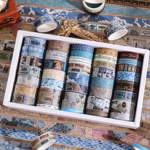 38 Rolls Vintage Washi Tape Set, Vintage Travel Stamp Map Scenery Art Letter Writable Decorative Tapes for Scrapbooking , Junk Journal Supplies, Bullet Journaling 5-25mm Wide 9.84ft long/Roll - Image 4