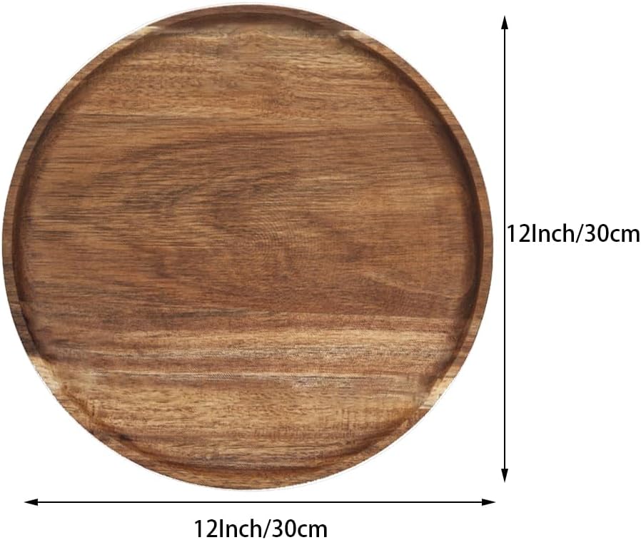 12 in Round Wooden Platter, Natural Acacia Tray, Wooden Dinner Plates, Tray Organizer, Serving Tray for Coffee Table, Home Decor, Fruit, Appetizer (12 Inch) - Image 2