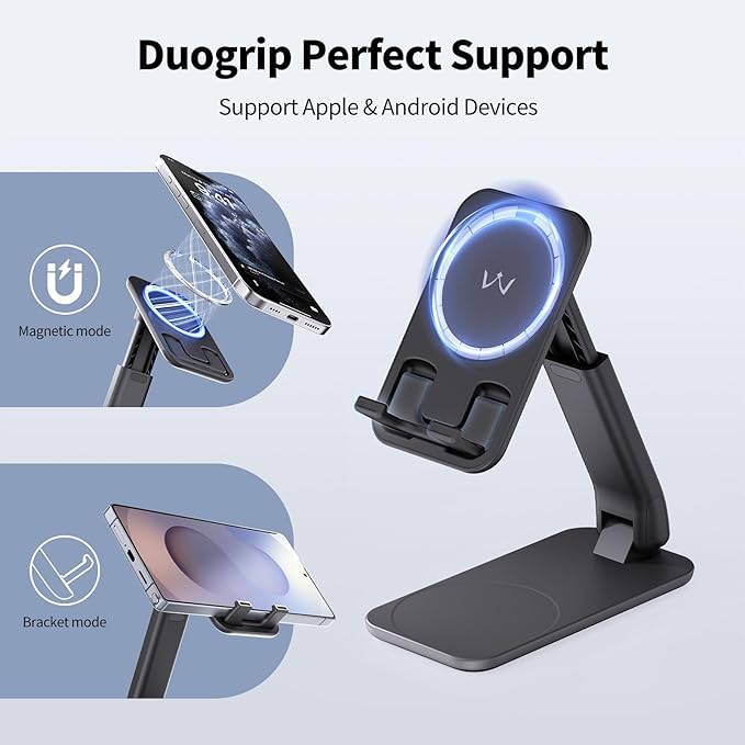 iWALK Magnetic Cell Phone Stand for Desk, Angle and Height Adjustable Mobile Phone Holder, Foldable Magnet Stand for iPhone 17 16 15 14 13 12 Pro Max and iPad, Cell Phone Holder for Samsung, Black