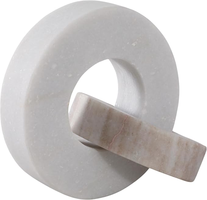 Home Decor and Bathroom Decor Marble Double Ring - Modern Shelf Sculpture and Office Accents for Room Styling - Coffee Table Ornaments and Living Room Decor Statues Design - 6", White & Beige