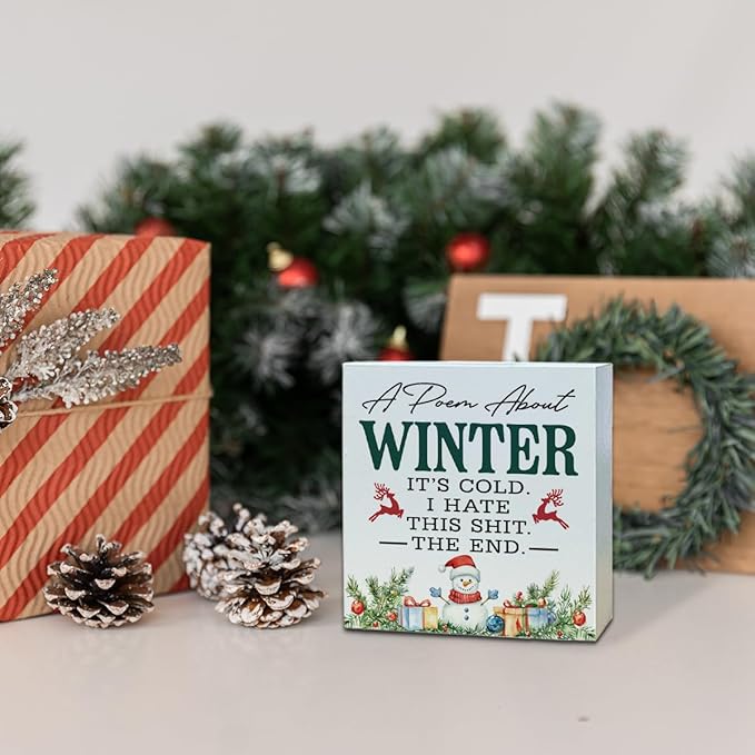 Funny Christmas Wooden Desk Decor Sign, A Poem About Winter Wooden Box Sign, Humorous Holiday Tabletop Home Plaque with Snowman Design, Winter Christmas Decor 5x5 Inches