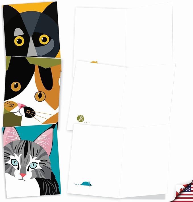 The Best Card Company - 10 Adorable Blank Cat Cards (4 x 5.12 Inch) - Cute Pet Kittens, Assorted Bulk Notecard Set - Cubic Cats M6730OCB