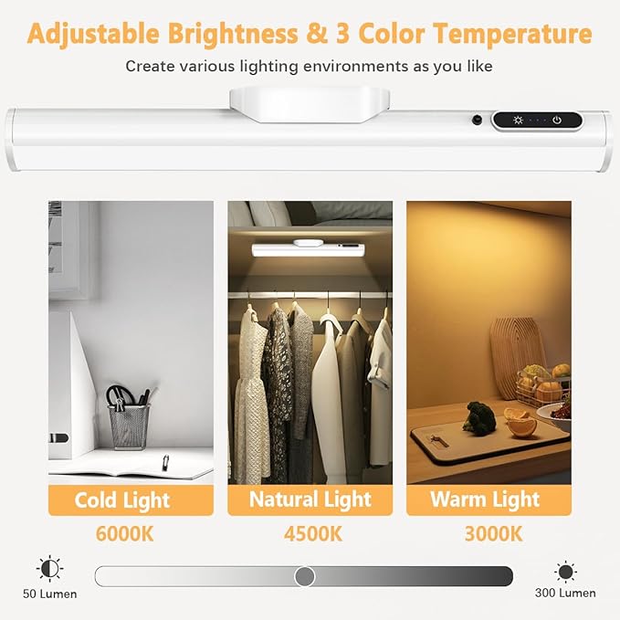 Rechargeable Magnetic LED Light Bar with Remote, Under Cabinet Lighting Wireless, Battery Powered Operated Wall Strip Lights, Dimmable Desk Lamp for Mirror Counter Bathroom Indoor - White