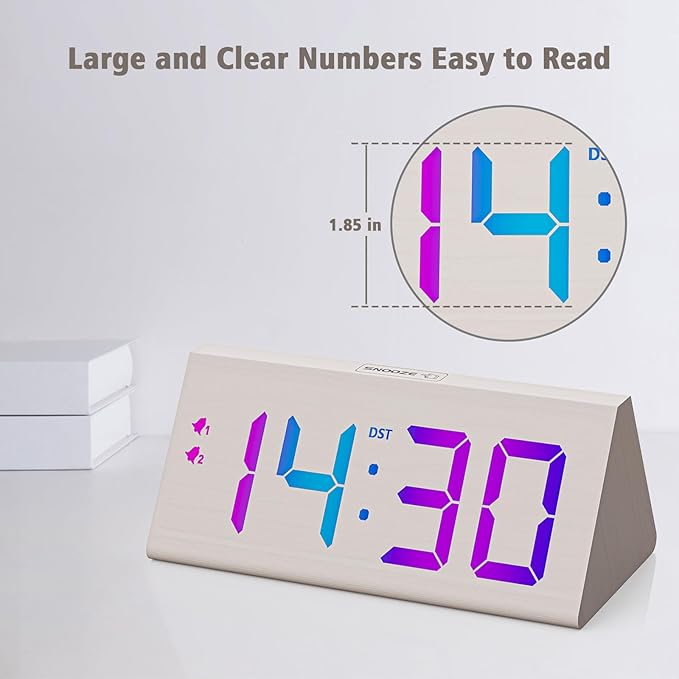 Wooden Digital Alarm Clock with Dual USB Charging Ports, DST, Dimmable, Snooze, RGB Colors, Modern Large Time Display LED Clock for Kids Bedrooms, Living Room, Desk, Table, Bedside, Nightstand (White)