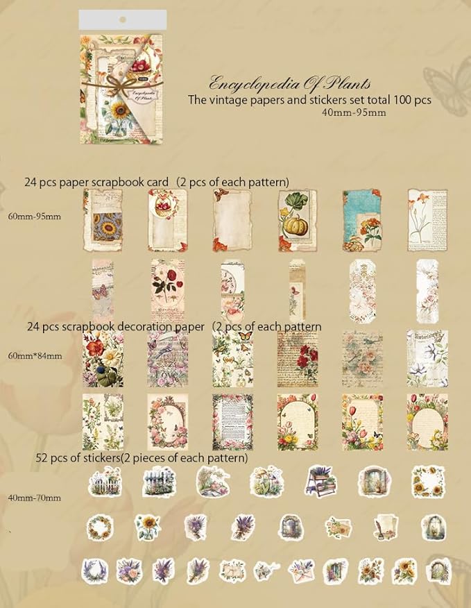 Alideco 100pcs Vintage Scrapbook Supplies Pack for Art Journaling Bullet Junk Journal Planners DIY Paper Stickers Craft Kits Notebook Collage Album Aesthetic Cottagecore Picture Frames (zhiwubaike)
