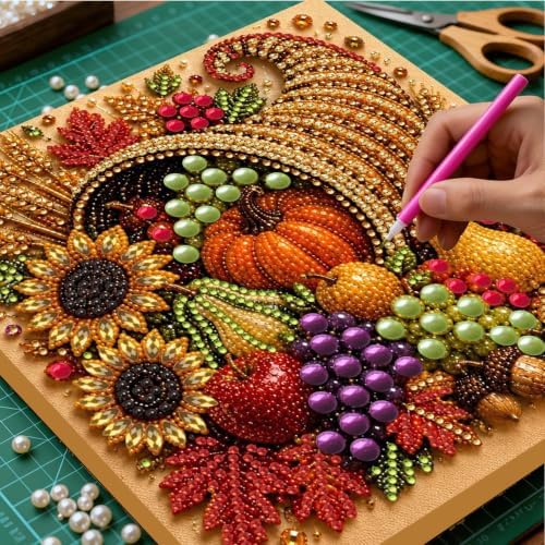 DIY Pearl Painting Kit for Adults, Cornucopia Fall Art with Wood Frame, 20x20cm Self-Adhesive Pearl Diamond Craft, Autumn Wall Decor Gift for Women, Beginners Relaxing Hobby Kit - Image 2