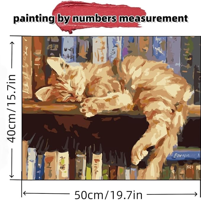 Paint by Numbers Kit for Adults Beginner,Bookshelf Sleeping Cat Paint by Number Kits Canvas Without Framed,Animal Cat DIY Acrylic Oil Painting Adults Paint by Numbers Kits for Home Wall Decor 20x16 In