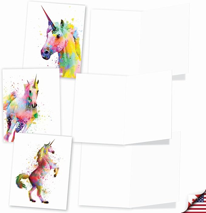 The Best Card Company Assorted Watercolor Blank Greeting Card Box Set - Incl. 10 Notecards + Envelopes, 20 Unique Designs for Thank You, Invitations, More - Funky Rainbow Unicorns AM6748OCB-B2x10-NB