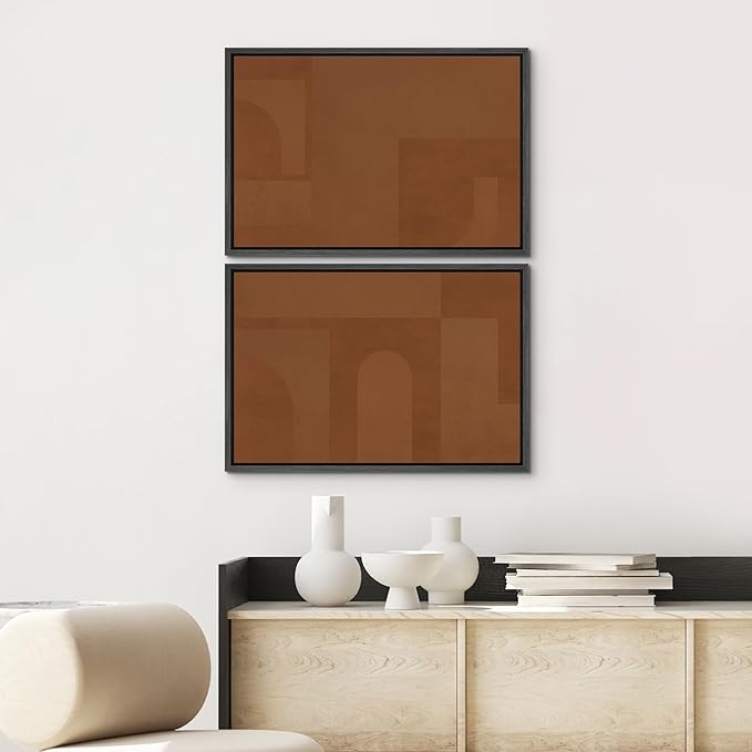 SIGNWIN Framed Canvas Print Wall Art Set Mid-Century Brown Polygon Landscape Abstract Shapes Digital Art Modern Art Decorative Minimalism Vintage for Living Room, Bedroom, Office - 16"x24"x2 Black
