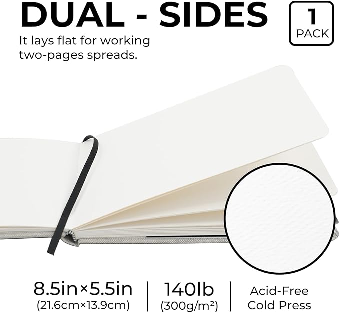 Funto Watercolor Journal, 8.5x5.5, 48 Pages, Cold-Pressed, Inner Paper Pocket and Elastic Band, Art Supplies for Mixed Media