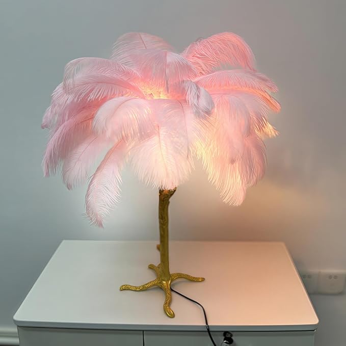 Pink Feather Lamp Romantic Ostrich Feather Bedside Lamp with Gold Resin Stand Coconut Fuzzy Table Lamp G4*3 Bulb Nordic Nightstand Light for Bedroom Living Room Entryway Christmas Gift