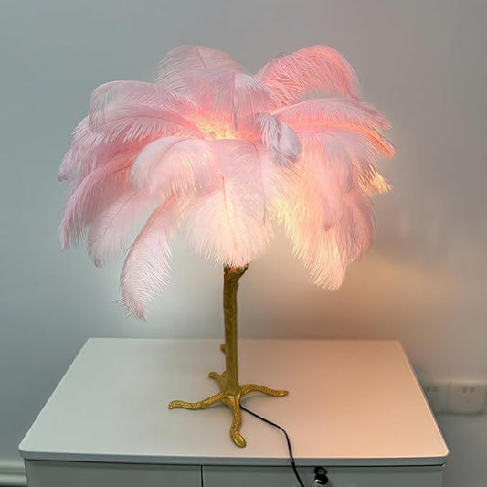 Pink Feather Lamp Romantic Ostrich Feather Bedside Lamp with Gold Resin Stand Coconut Fuzzy Table Lamp G4*3 Bulb Nordic Nightstand Light for Bedroom Living Room Entryway Christmas Gift