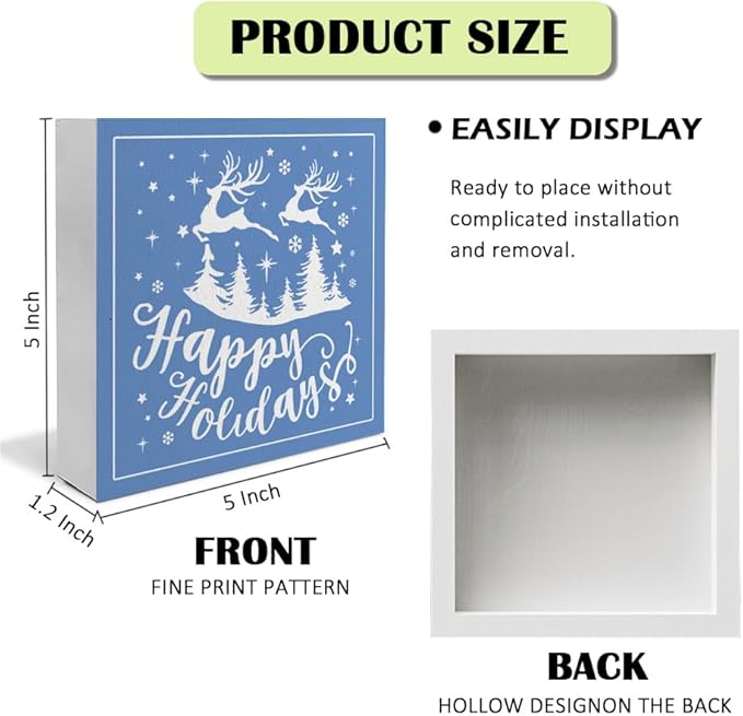 Happy Holiday Christmas Wooden Box Sign, Christmas Desk Decor, Farmhouse Christmas Trees Reindeer Snowflake Xmas Wood Signs for Home Office Table Shelf Decoration, 5x5 Inch(blue)