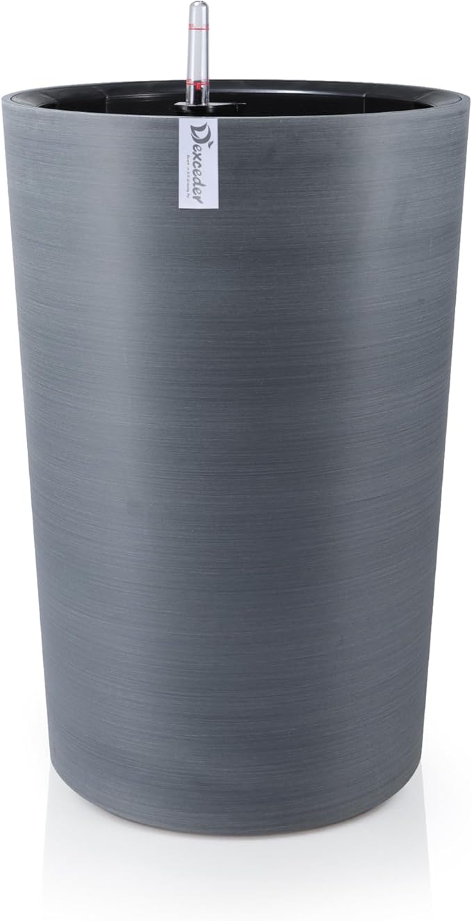 Dexceder 16x12 Tall Self Watering Planter High Cylinder Indoor Outdoor, Thickened Large Floor Standing Flower Plant Pot with Water Level Indicator (Gray, Wire Drawing)