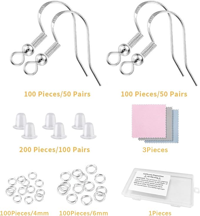 925 Sterling Silver Hypoallergenic Earring Hooks 100 Pairs for Jewelry Making, Fish Hook Earrings Making Kit, DIY Earring Findings Jewelry Making Supplies, with 200 PCS Earring Backs，Christmas Gifts