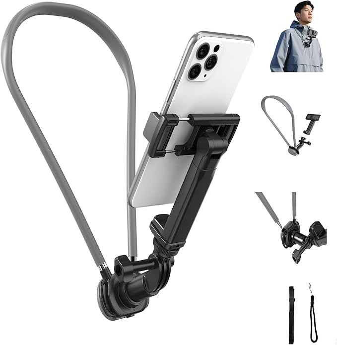 Cell Phone Stand,Neck Phone Holder, with Chest Strap, Hand Free Flexible Gooseneck 360° Rotation Adjustable Phone Holder,for iPhone Series, Android Devices and Action Cameras.