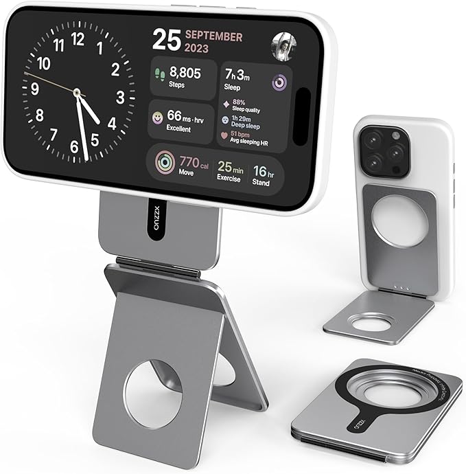 Cell Phone Stand,Adjustable Height and Angle Foldable Phone Holder for Desk, Aluminum Cell Phone Holder,Strong Magnetic Phone Stand Compatible with iPhone 16/15/14/13/12 Series (Grey)