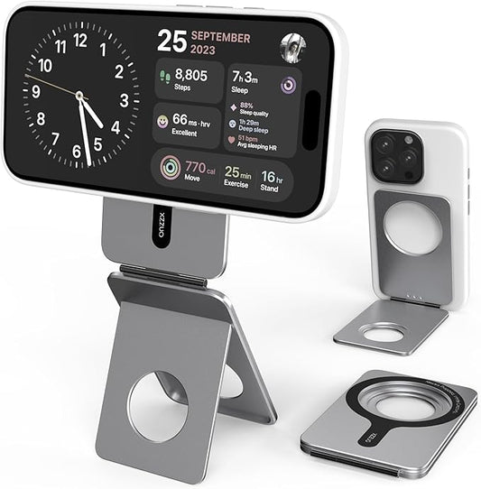Cell Phone Stand,Adjustable Height and Angle Foldable Phone Holder for Desk, Aluminum Cell Phone Holder,Strong Magnetic Phone Stand Compatible with iPhone 16/15/14/13/12 Series (Grey)