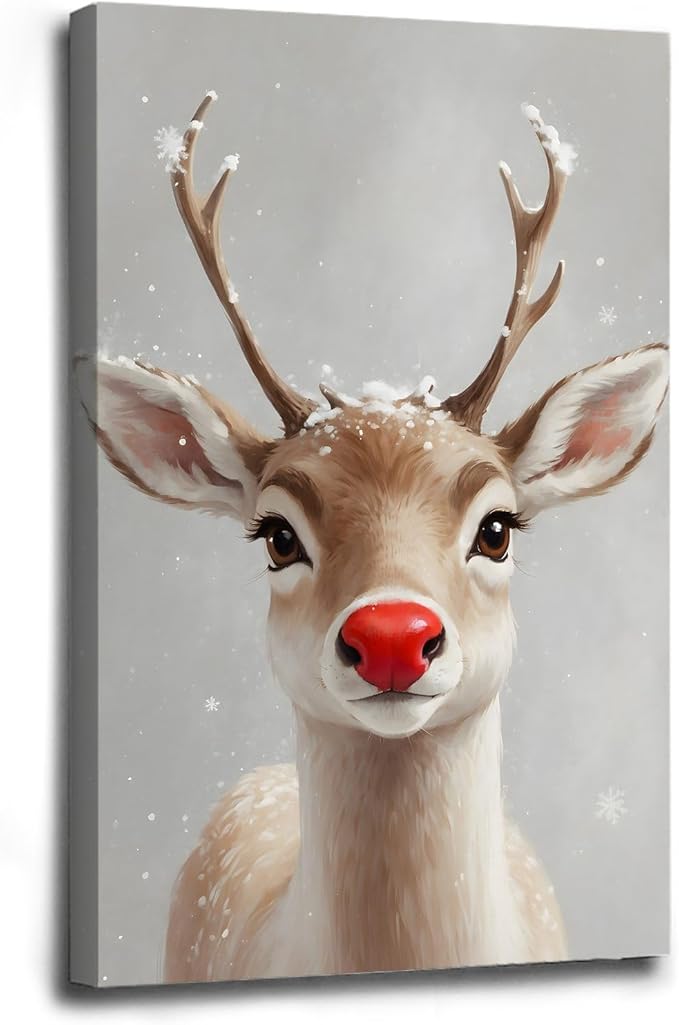 Framed Canvas Wall Art Red Nosed Reindeer Christmas Farmhouse Mantle Canvas Wall Art Print Farmhouse Christmas Poster 28x40in Wood Framed