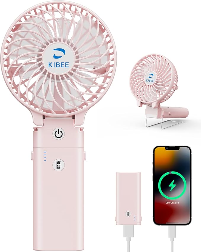 KIBEE Portable Handheld Fan - 5200mAh USB Rechargeable [20H Max Runtime] with Power Bank, Foldable 180° Mini Personal Fan, 3-Speed with Stand for Travel/Outdoor/Makeup/Concerts (Pink)