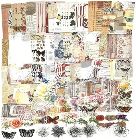Esweny 260PCS Vintage Journaling Scrapbooking Supplies Scrapbook Sticker Paper Ephemera Pack for Junk Journal Planners Collage Craft Notebooks Album (Flowers and Butterflies) by Esweny